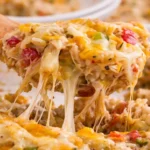 Delicious Chicken Fajita Casserole topped with cheese and fresh vegetables.