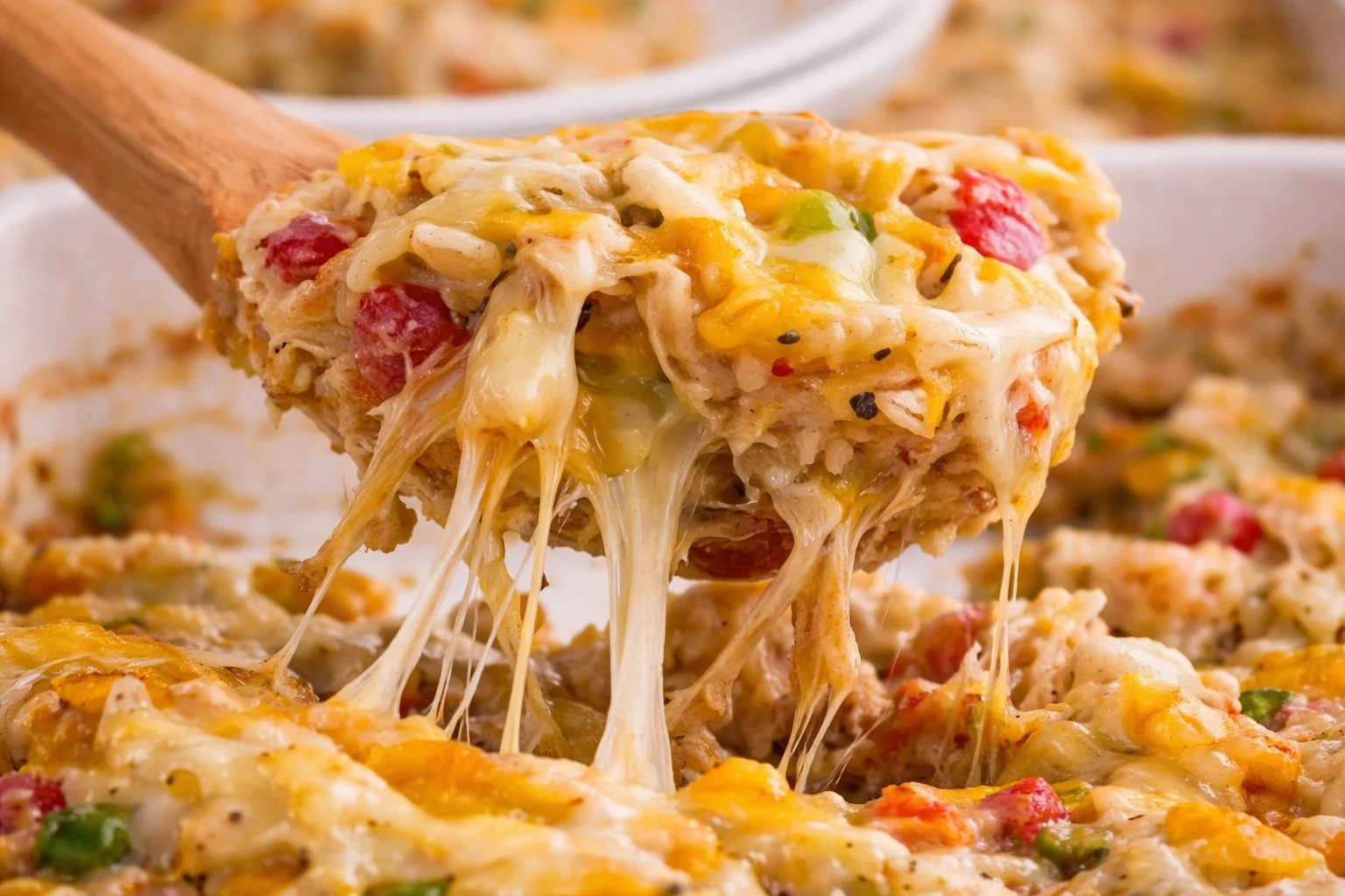 Delicious Chicken Fajita Casserole topped with cheese and fresh vegetables.