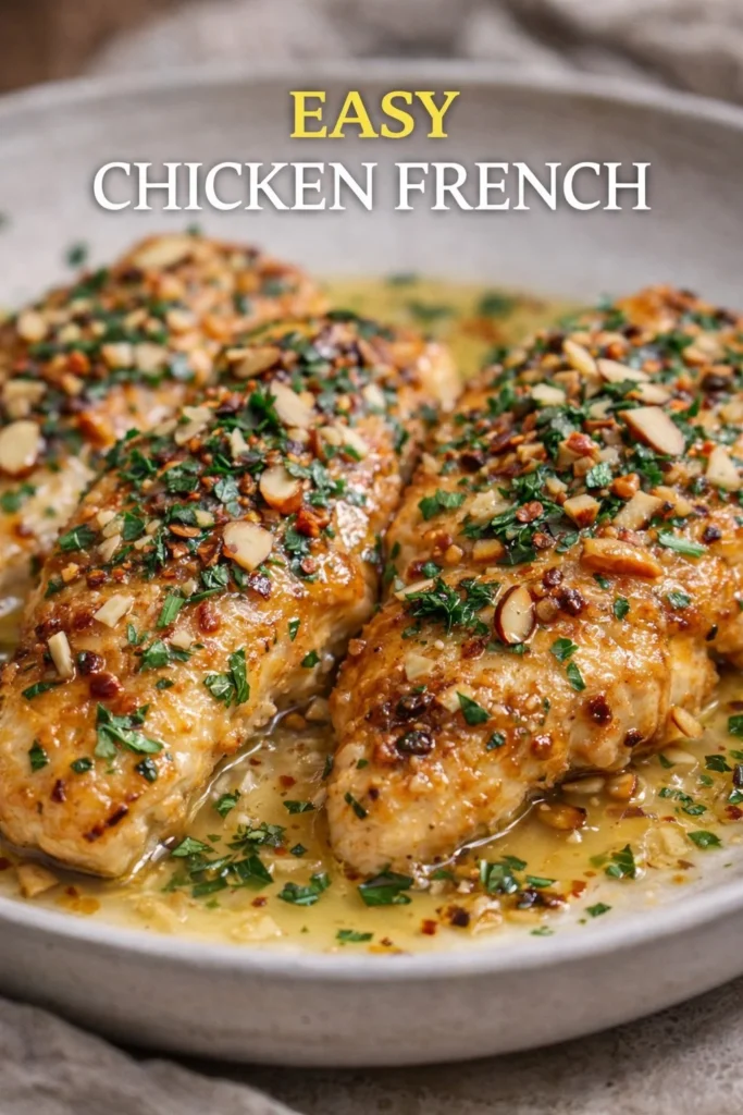 Delicious Chicken French dish served with a lemon butter sauce and garnished