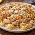 Creamy Chicken Gnocchi dish served in a bowl with greens and herbs