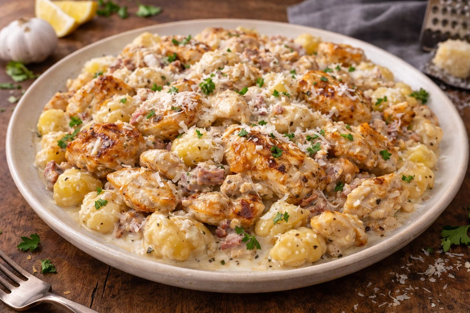 Creamy Chicken Gnocchi dish served in a bowl with greens and herbs