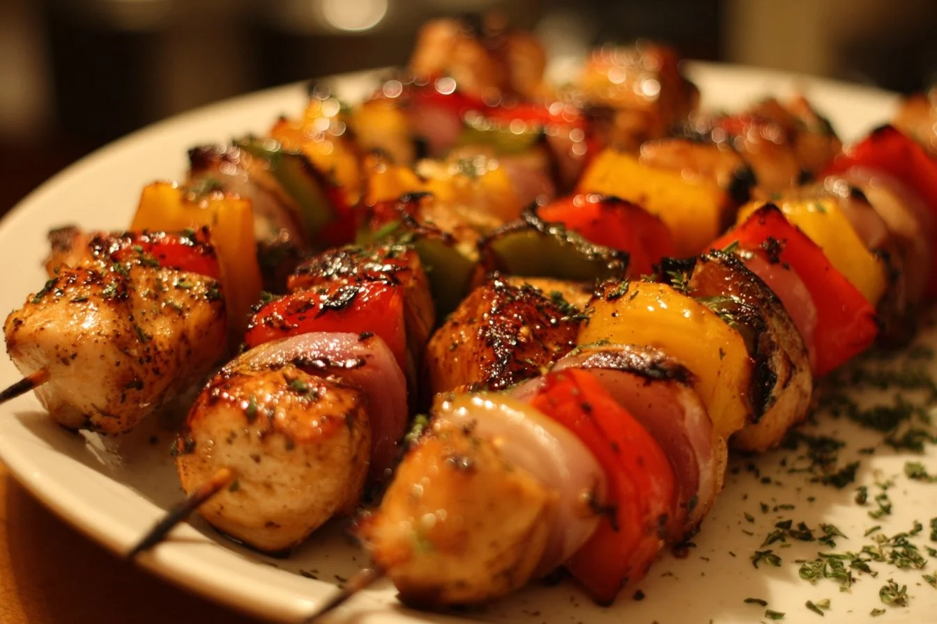 Grilled Chicken Kabobs with colorful vegetables and spices