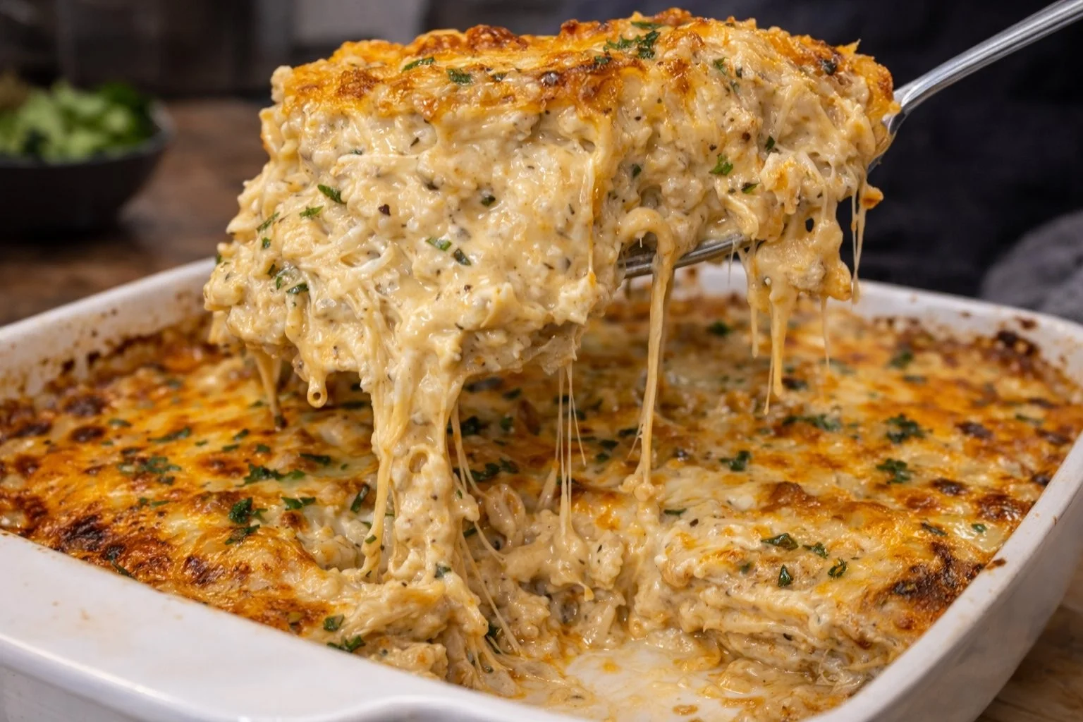Deliciously baked chicken lasagna with layers of cheese and sauce