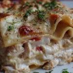Delicious homemade Chicken Lasagna topped with cheese and herbs