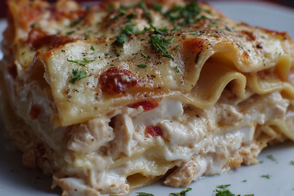 Delicious homemade Chicken Lasagna topped with cheese and herbs