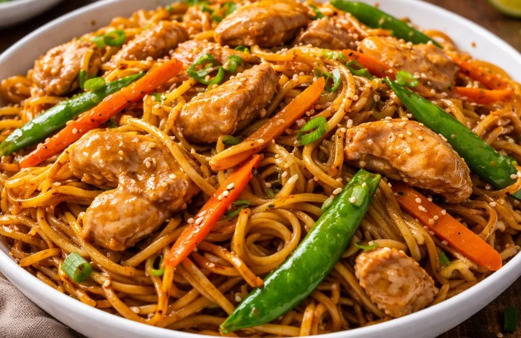 Delicious Chicken Lo Mein with tender chicken and vibrant vegetables.