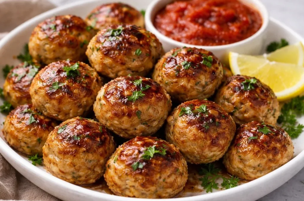 Delicious homemade chicken meatballs served with sauce and herbs.