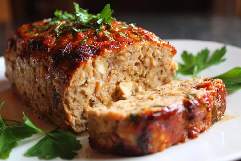 Homemade Chicken Meatloaf served with vegetables on a plate