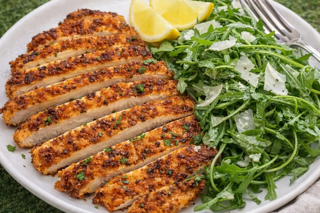 Crispy Chicken Milanese served with lemon and arugula on a plate