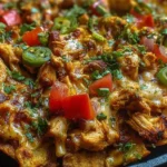 Delicious Chicken Nachos topped with cheese, chicken, and fresh toppings