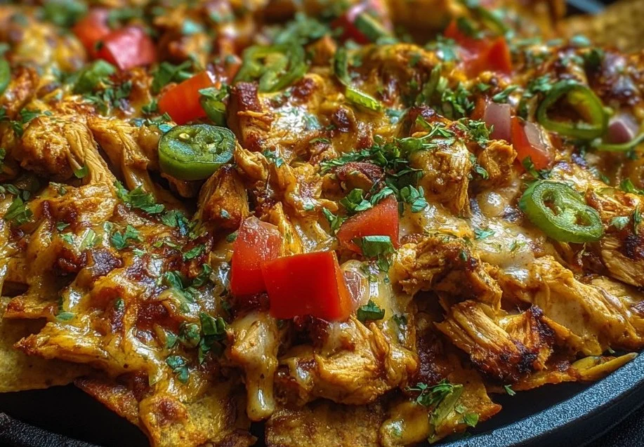 Delicious Chicken Nachos topped with cheese, chicken, and fresh toppings