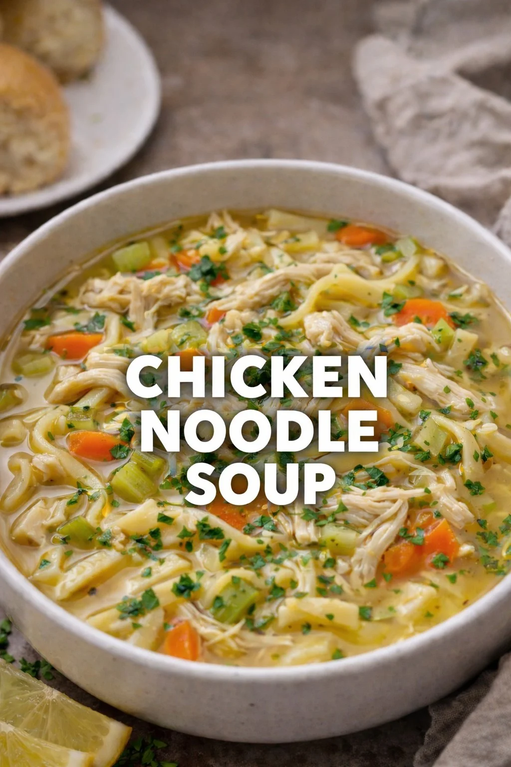 A bowl of homemade Chicken Noodle Soup with fresh vegetables and herbs