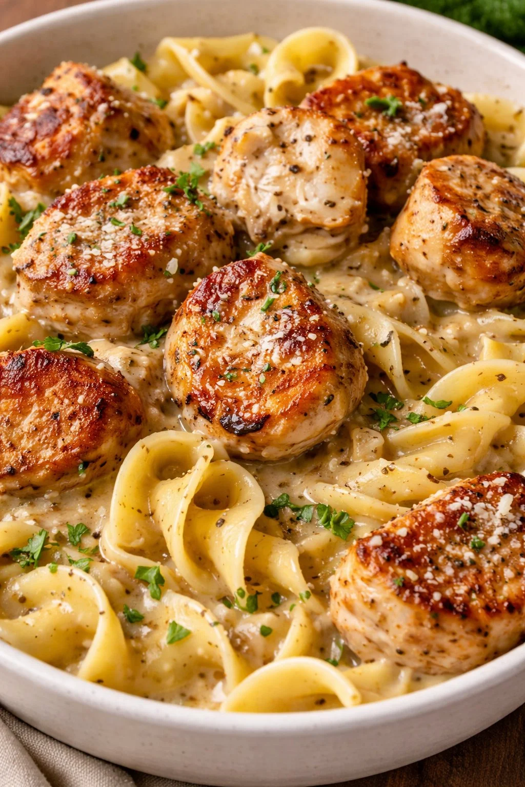 A steaming bowl of chicken noodles with fresh vegetables and tender chicken pieces.
