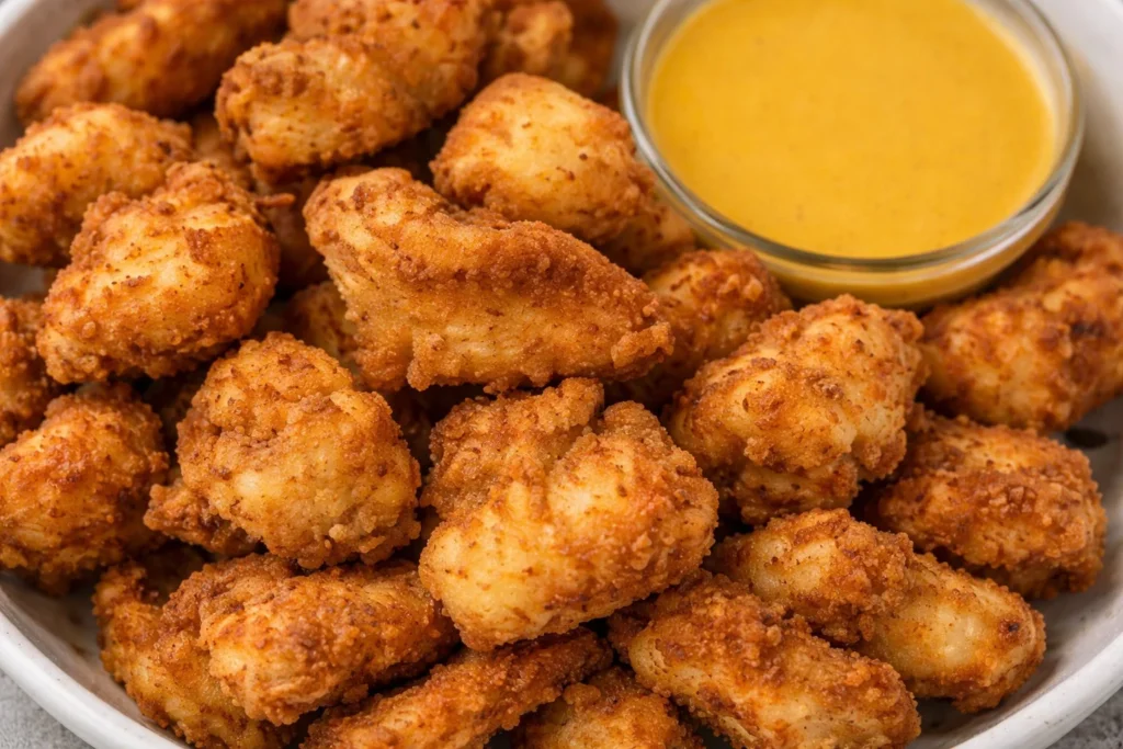 Crispy chicken nuggets served with dipping sauces.