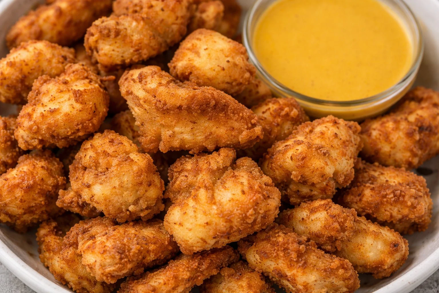 Crispy chicken nuggets served with dipping sauces.