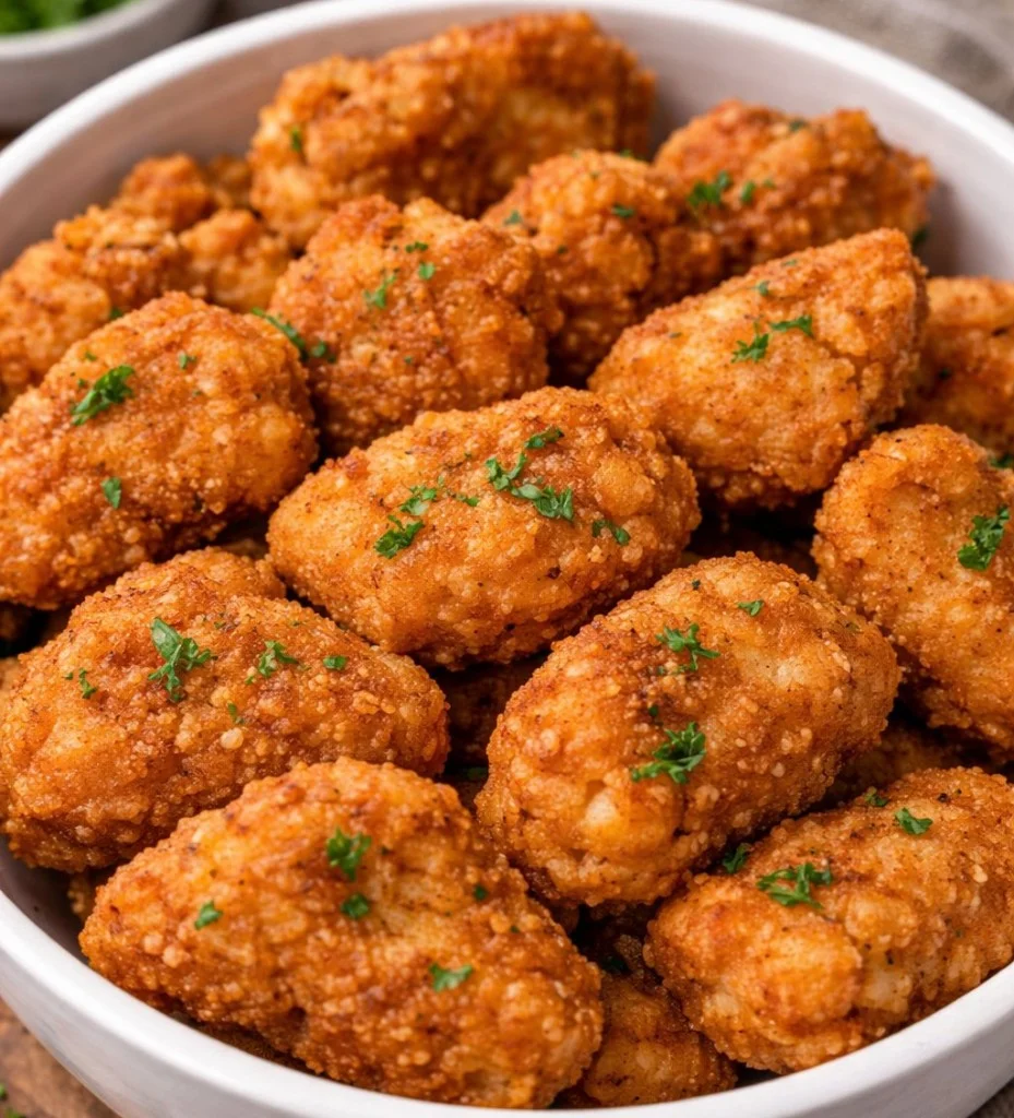 Crispy and golden chicken nuggets served with dipping sauce