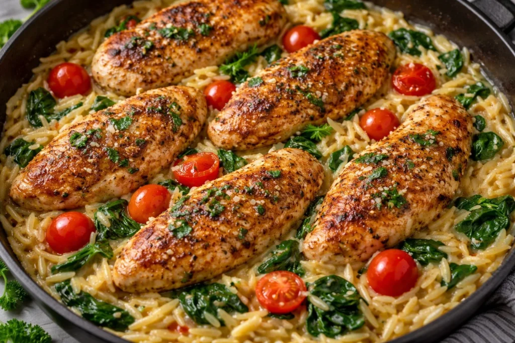 A bowl of Chicken Orzo with vegetables and herbs garnished on top.