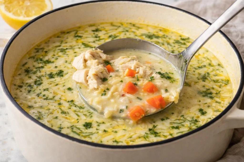 Bowl of hearty Chicken Orzo Soup with vegetables and herbs