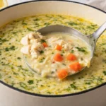 Bowl of hearty Chicken Orzo Soup with vegetables and herbs