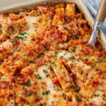Delicious Chicken Parmesan Casserole served in a baking dish