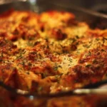 Delicious Chicken Pasta Bake topped with cheese and herbs in a baking dish.