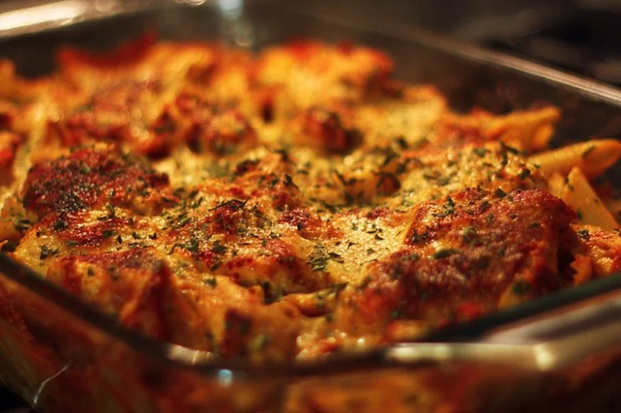 Delicious Chicken Pasta Bake topped with cheese and herbs in a baking dish.