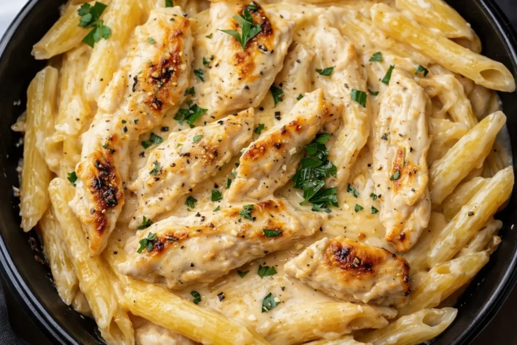 Delicious Chicken Penne Pasta served with herbs and a sprinkle of parmesan cheese.