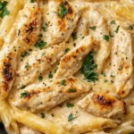 Delicious Chicken Penne Pasta served with herbs and a sprinkle of parmesan cheese.