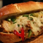 Delicious Chicken Philly Cheesesteak sandwich topped with melted cheese and peppers.