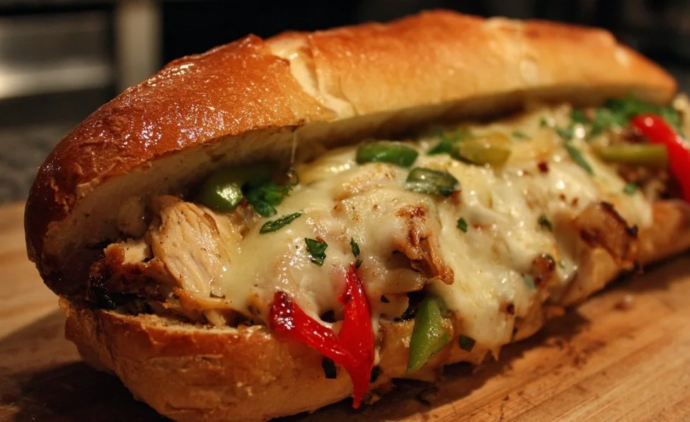 Delicious Chicken Philly Cheesesteak sandwich topped with melted cheese and peppers.