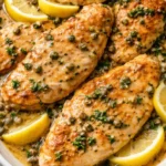 Plate of flavorful Chicken Piccata with lemon sauce and capers.