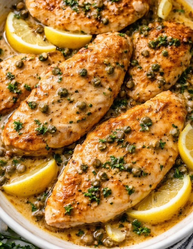 Plate of flavorful Chicken Piccata with lemon sauce and capers.