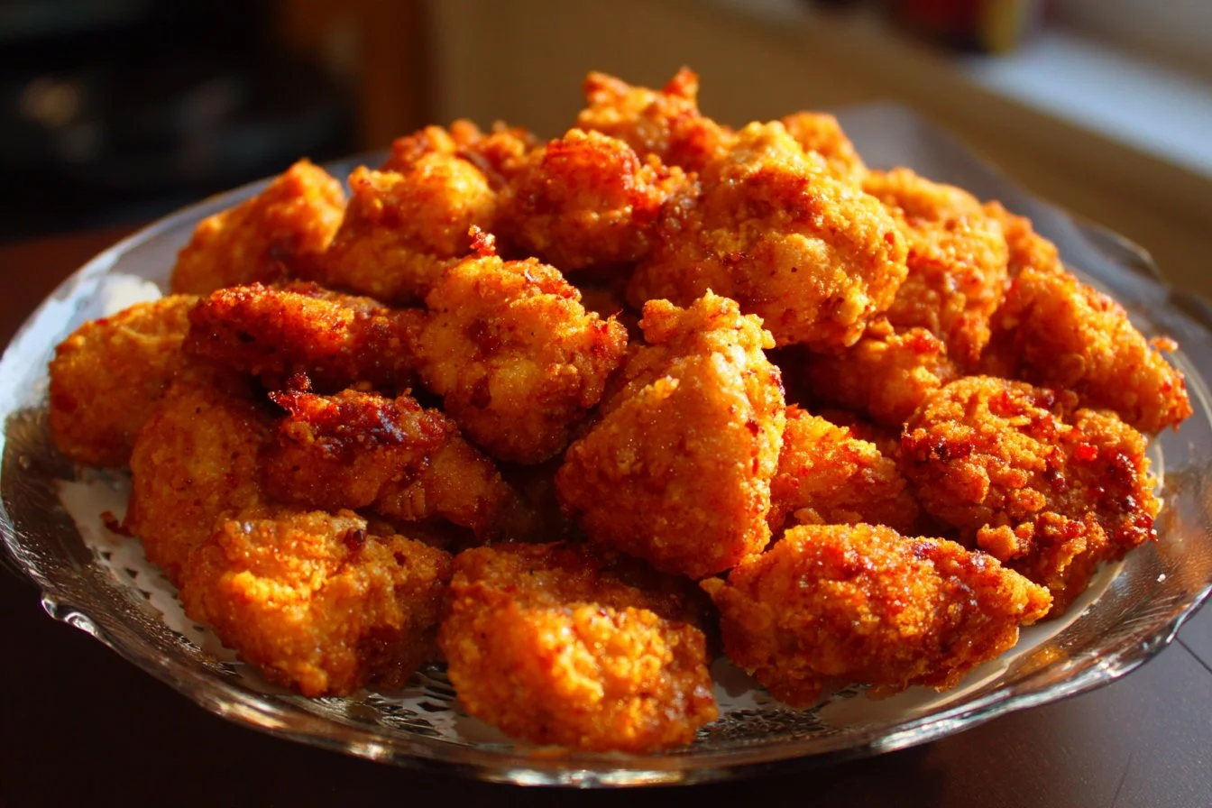 Crispy Chicken Popcorn served on a plate with dipping sauce