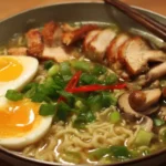 Delicious bowl of chicken ramen with broth, noodles, and fresh toppings