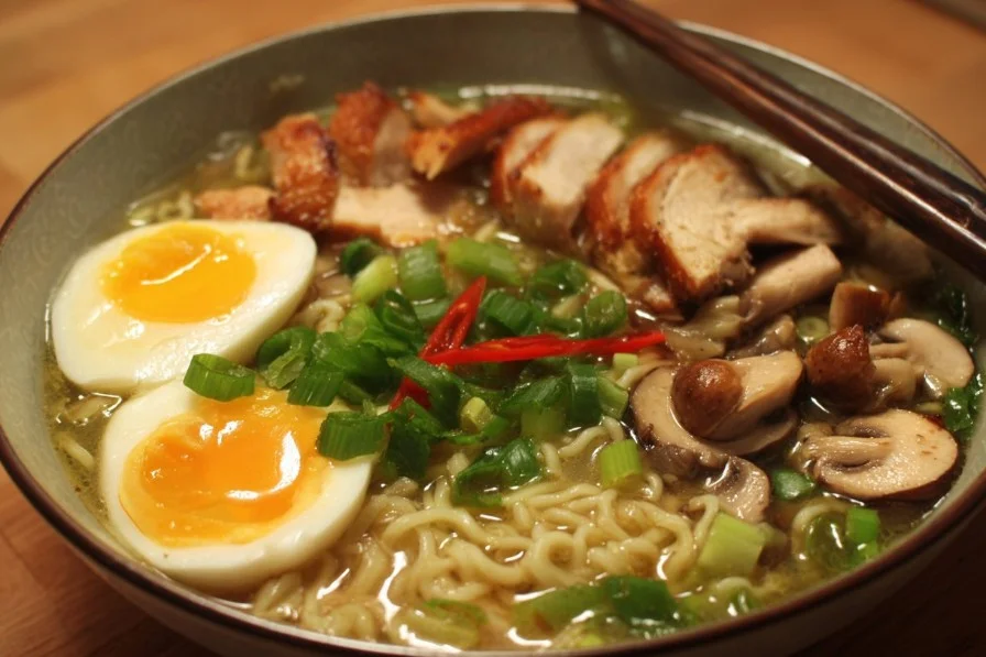 Delicious bowl of chicken ramen with broth, noodles, and fresh toppings