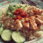 Delicious plate of chicken rice garnished with fresh herbs and served with dipping sauce.