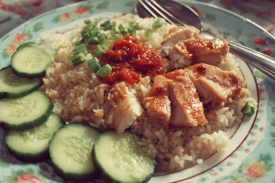 Delicious plate of chicken rice garnished with fresh herbs and served with dipping sauce.
