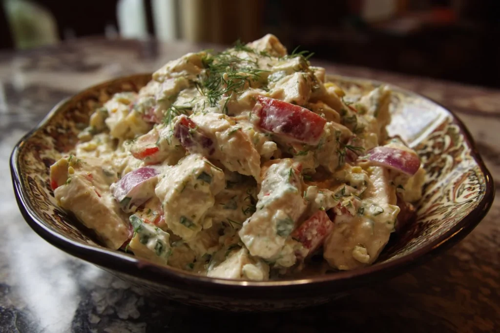 Fresh and colorful chicken salad served in a bowl with vegetables