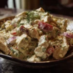 Fresh and colorful chicken salad served in a bowl with vegetables
