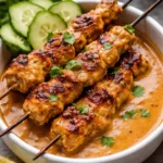 Delicious Chicken Satay skewers served with peanut sauce