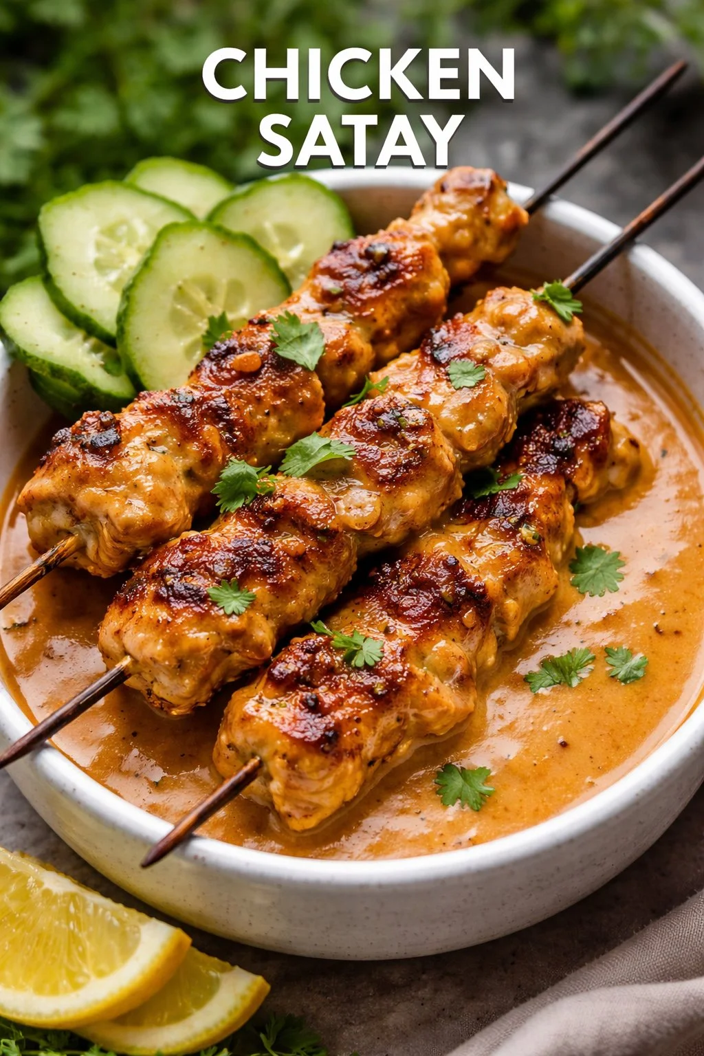 Delicious Chicken Satay skewers served with peanut sauce