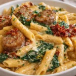 A bowl of chicken sausage pasta garnished with herbs and spices.