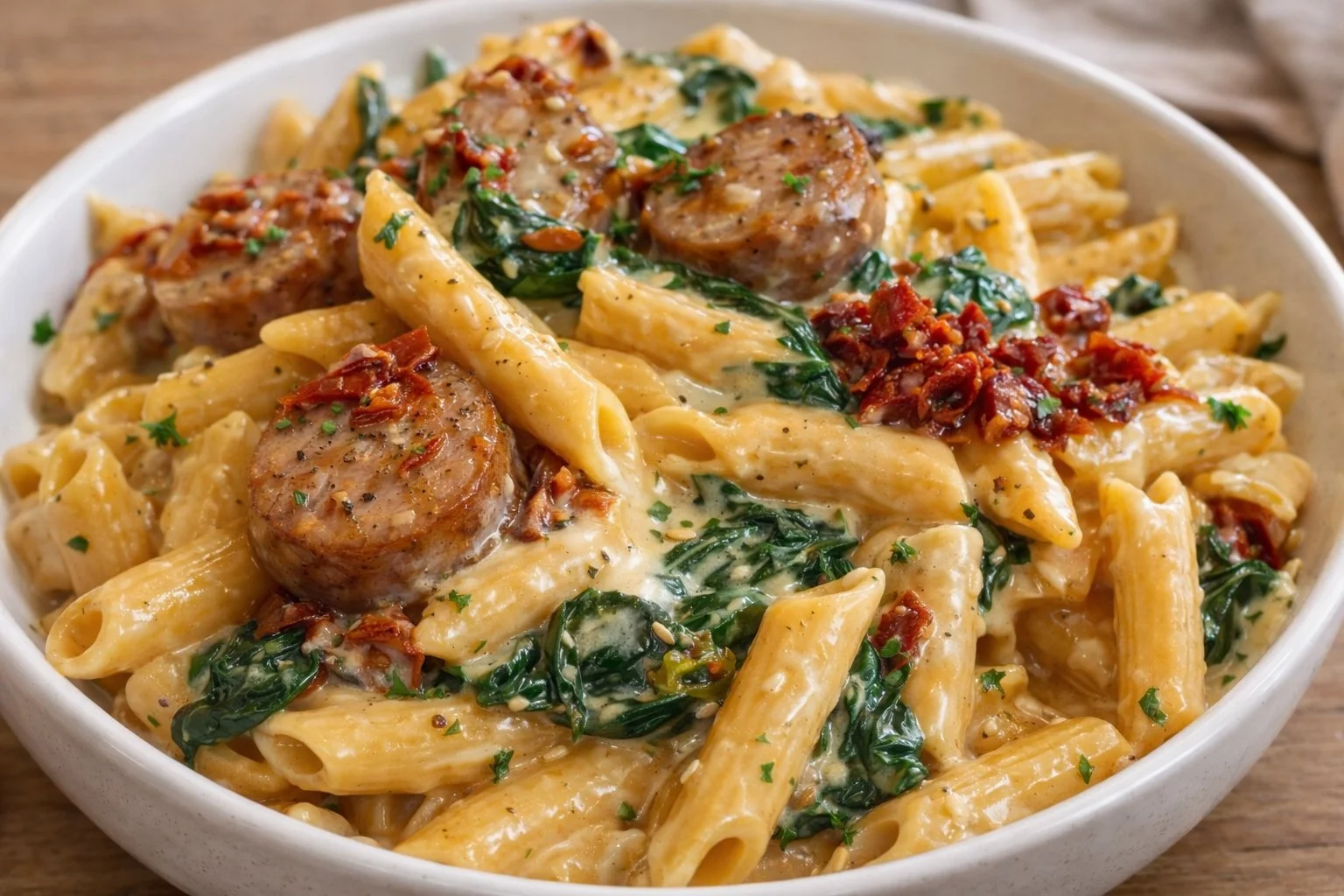 A bowl of chicken sausage pasta garnished with herbs and spices.