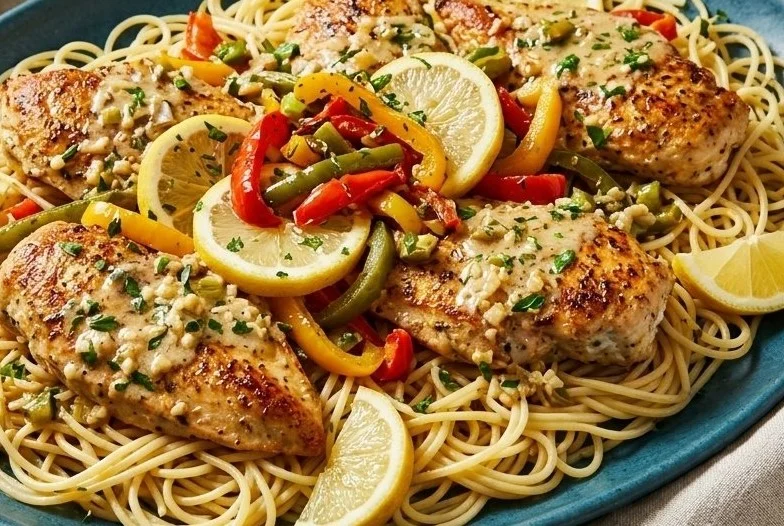 Delicious Chicken Scampi served with pasta and garnished with parsley