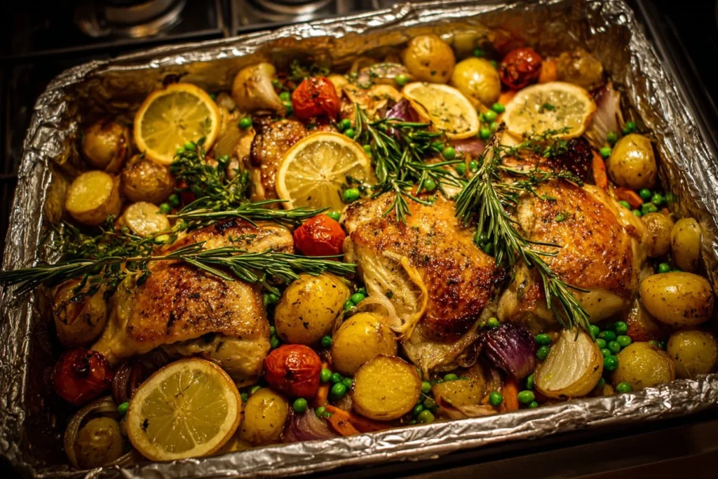 Delicious Chicken Sheet Pan Dinner with veggies on a baking tray