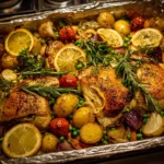 Delicious Chicken Sheet Pan Dinner with veggies on a baking tray