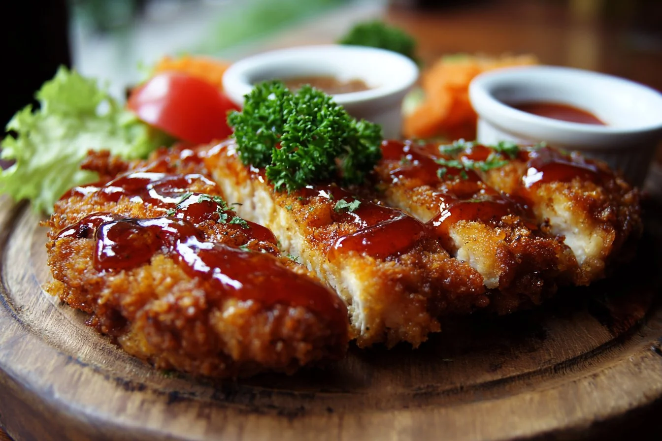 Grilled chicken steak served with vegetables and herbs on a plate