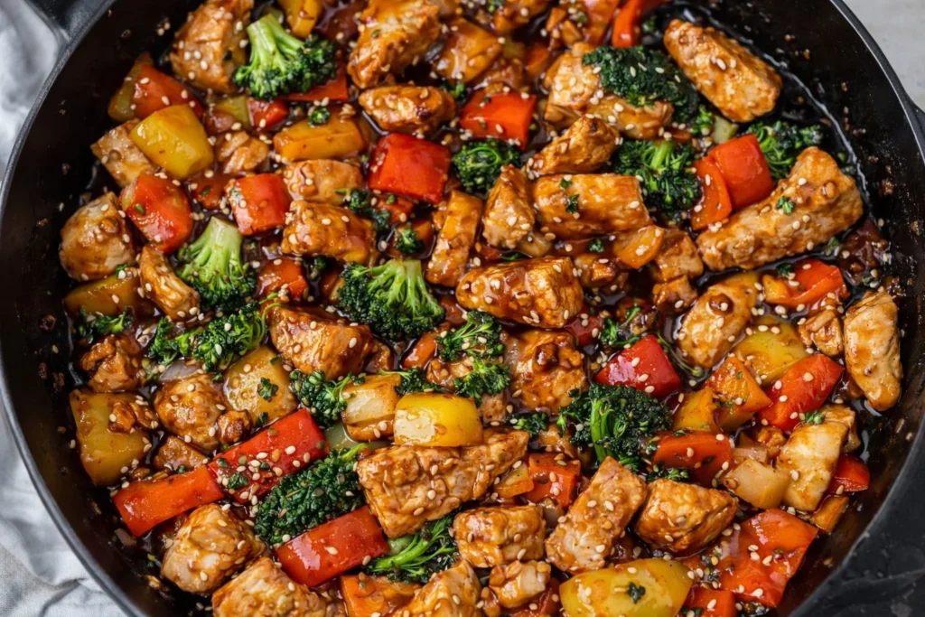 Colorful Chicken Stir Fry with vegetables served in a bowl