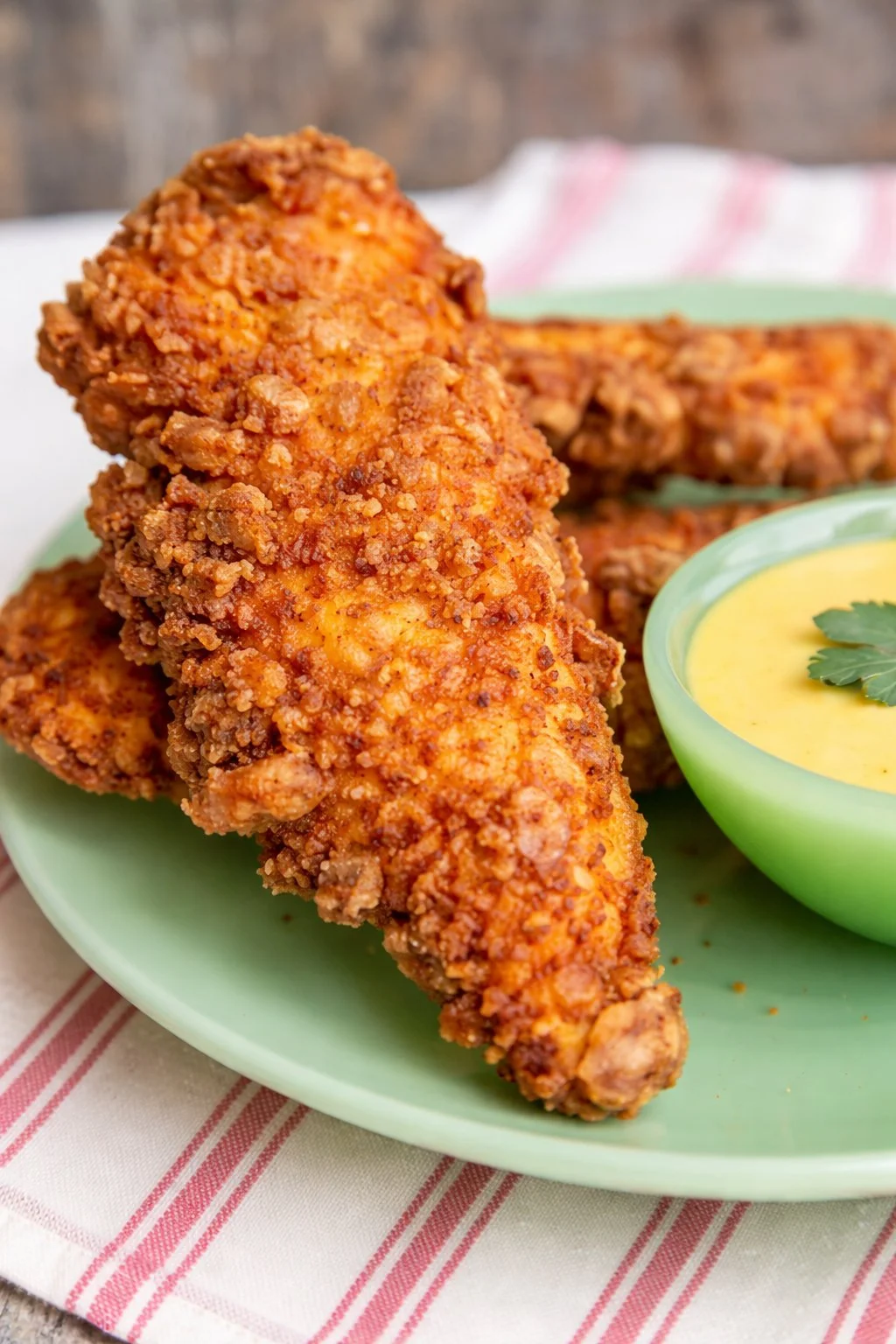 Crispy and flavorful chicken strips served with dipping sauce.