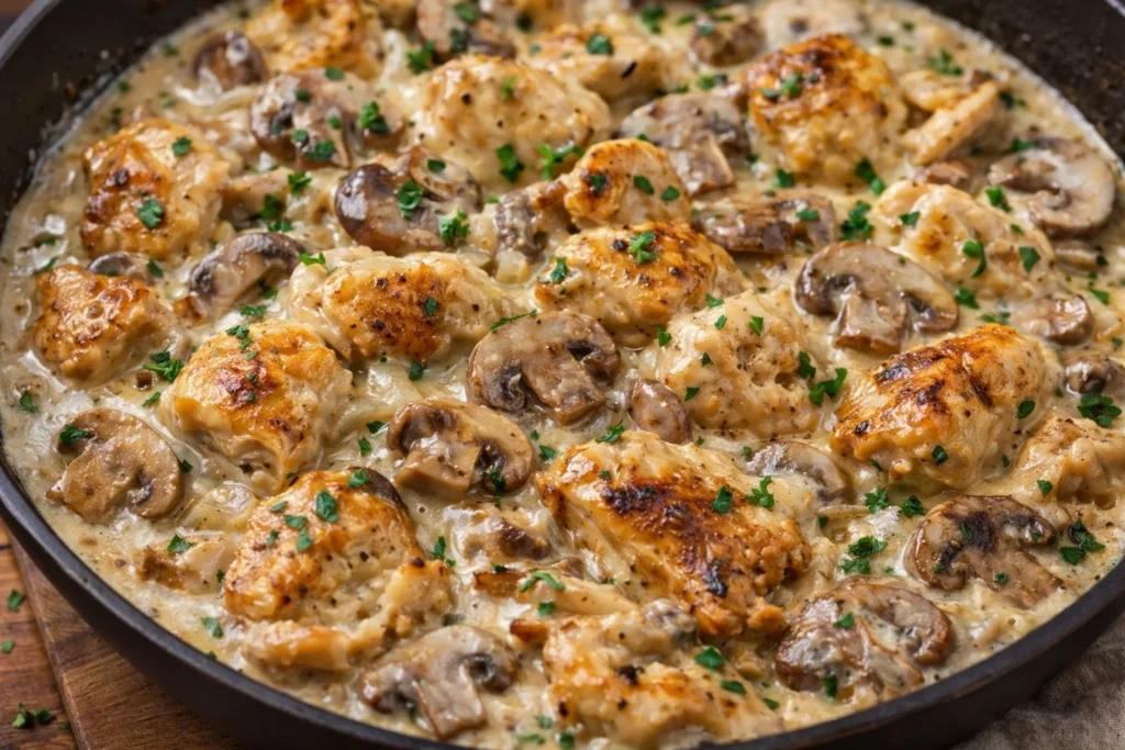 Creamy Chicken Stroganoff served with egg noodles and fresh herbs.